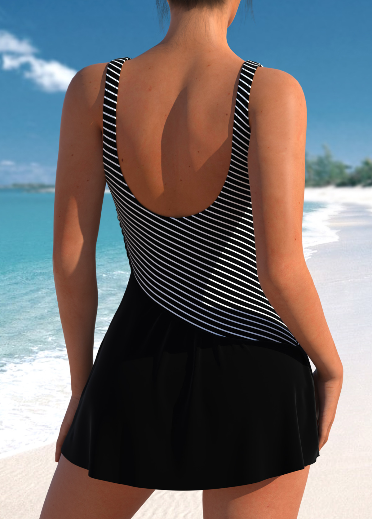Surplice Striped Black One Piece Swimdress