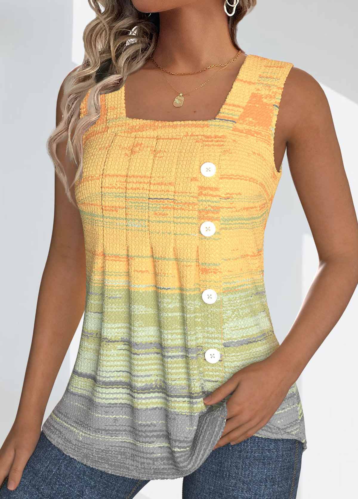 Light Yellow Button Ombre Sleeveless Square Neck Tank Top