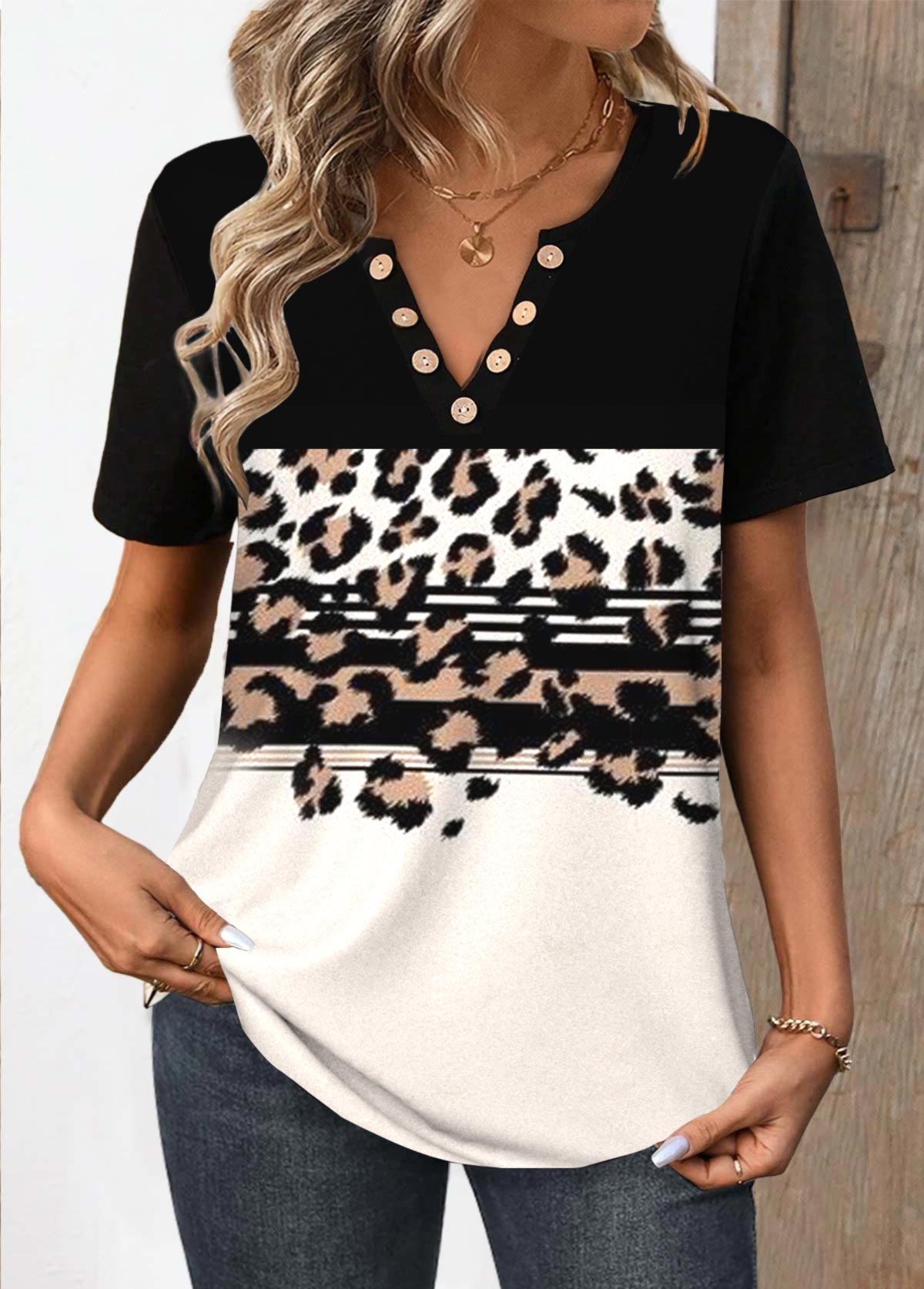 Black Button Leopard Short Sleeve Split Neck T Shirt