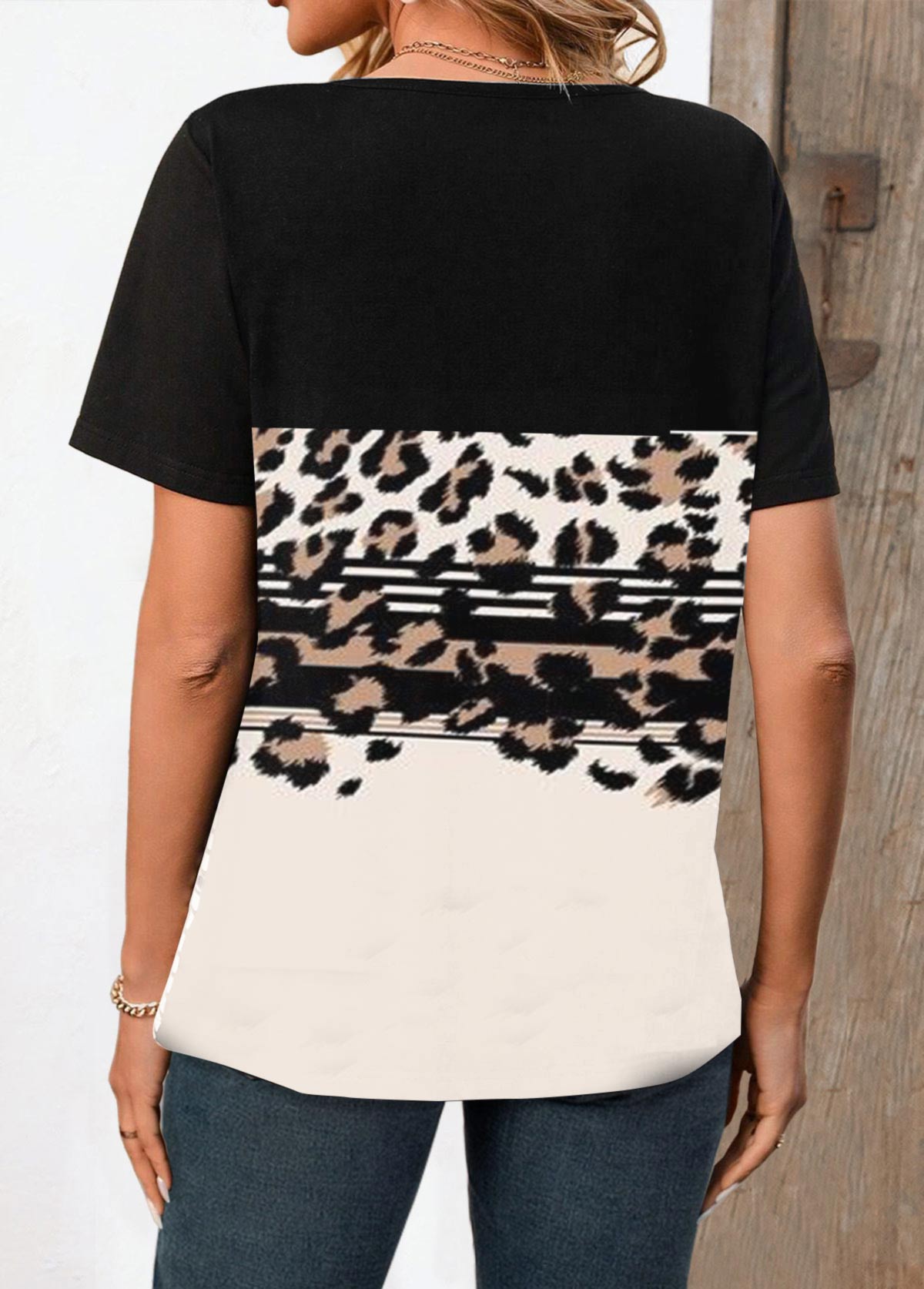 Black Button Leopard Short Sleeve Split Neck T Shirt