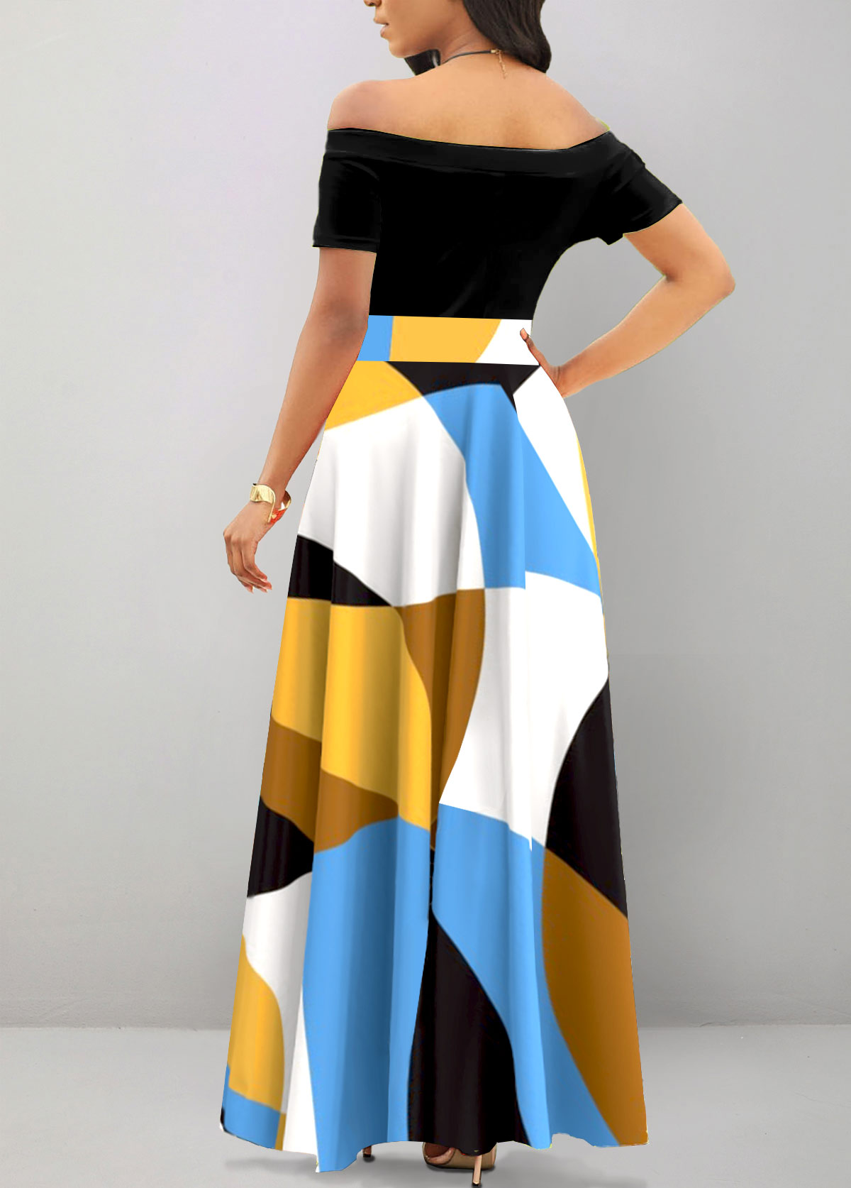 Black Patchwork Geometric Print Short Sleeve Maxi Dress