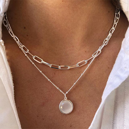 Silvery White Round Layered Alloy Necklace