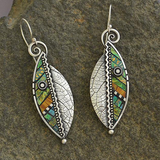 Silver Beaded Leaf Design Metal Earrings