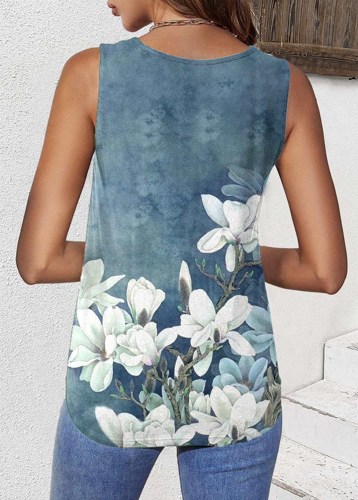 Dusty Blue Pleated Floral Print Sleeveless Tank Top