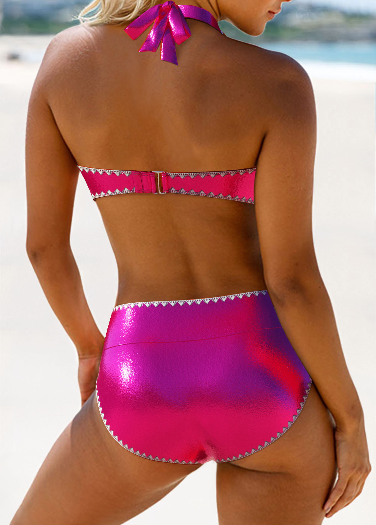 Contrast Binding Tie Hot Pink Bikini Set