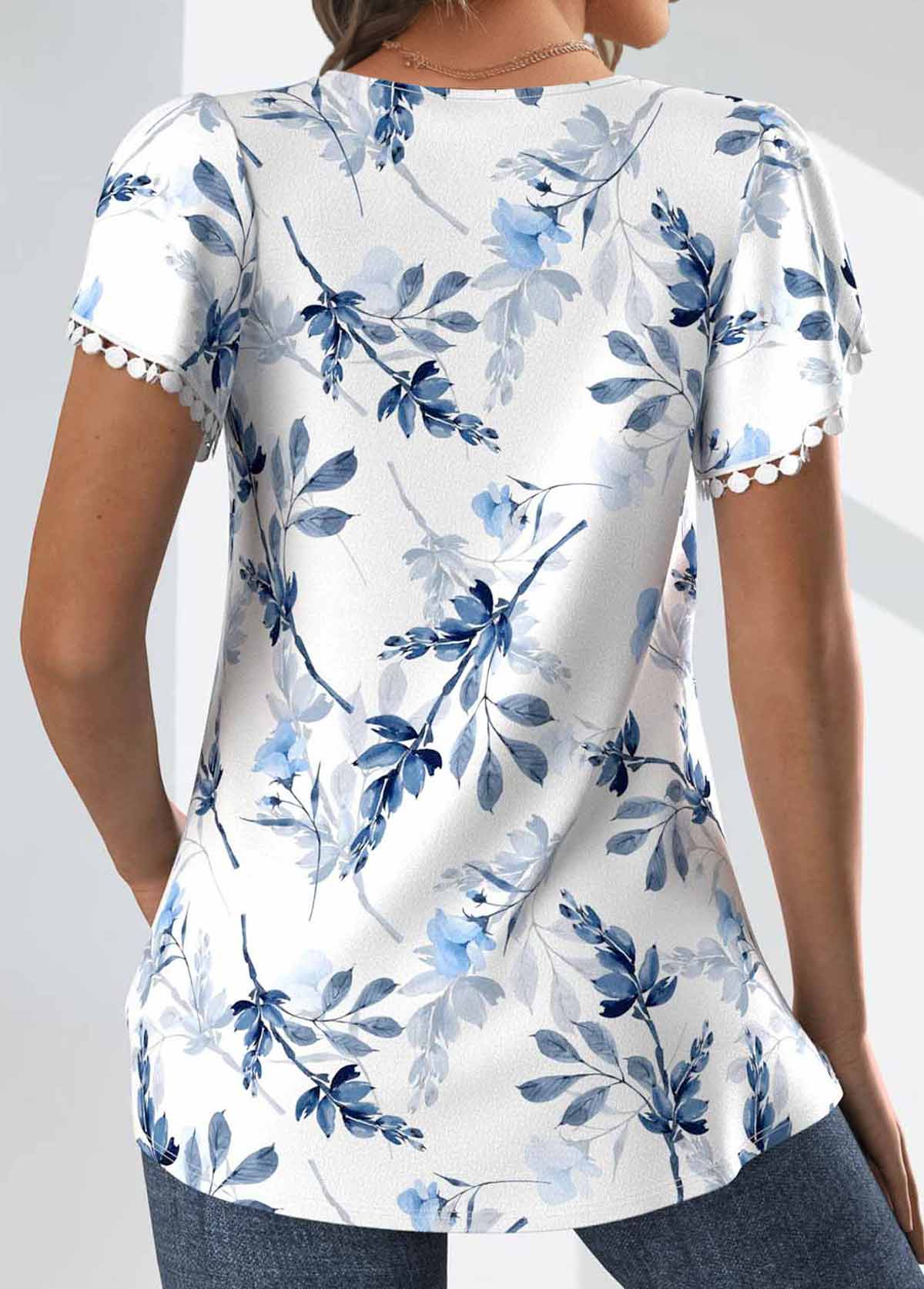 White Tuck Stitch Floral Print Short Sleeve T Shirt