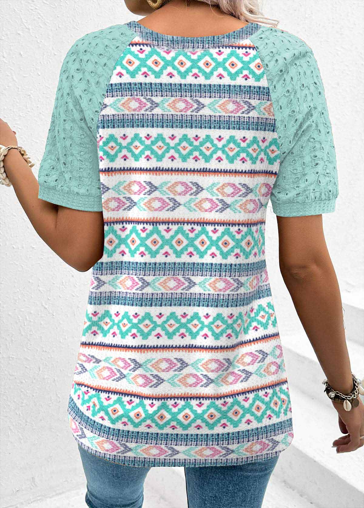 Mint Green Patchwork Geometric Print Short Sleeve T Shirt | picture 