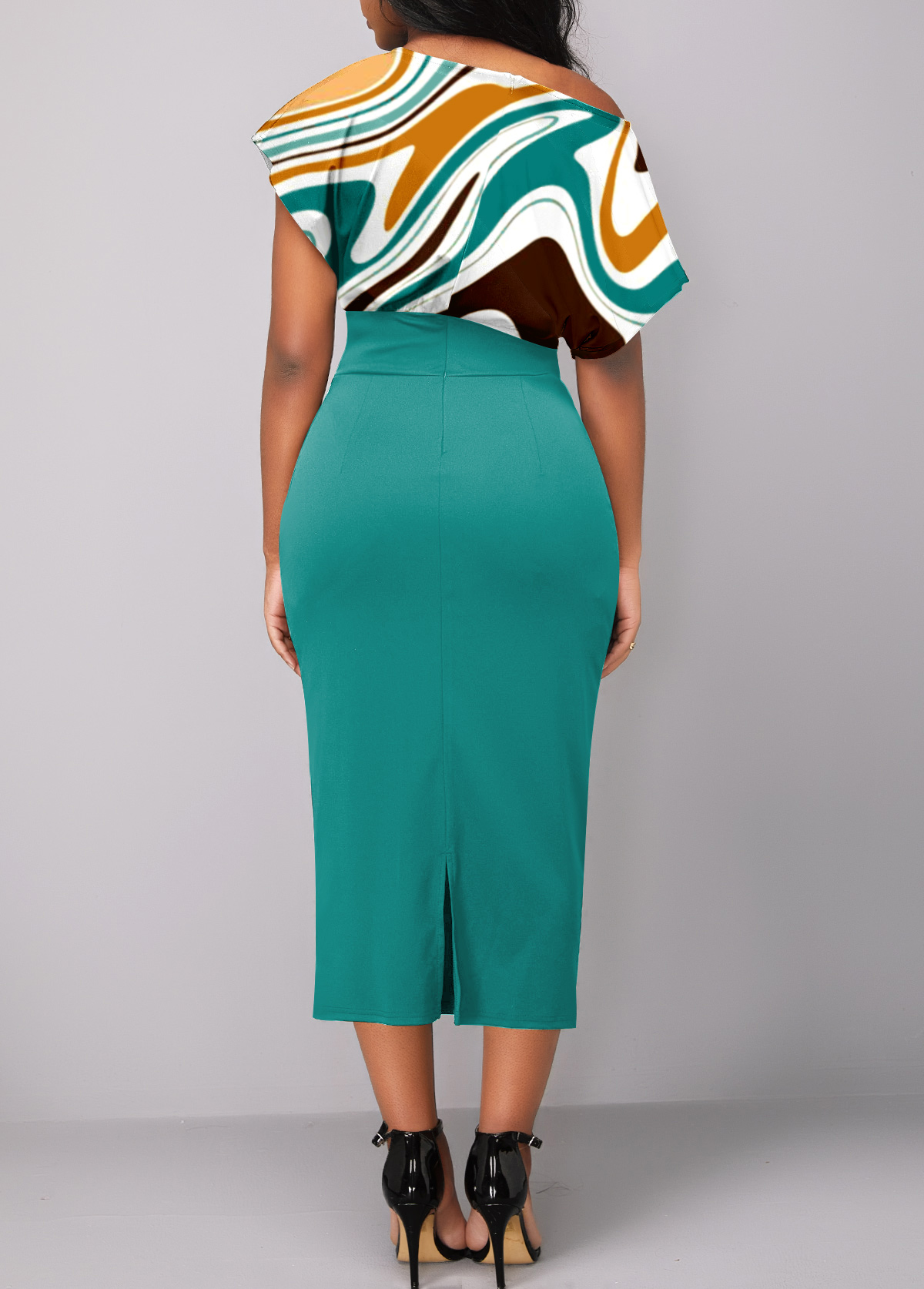 Turquoise Button Geometric Print Short Sleeve Bodycon Dress