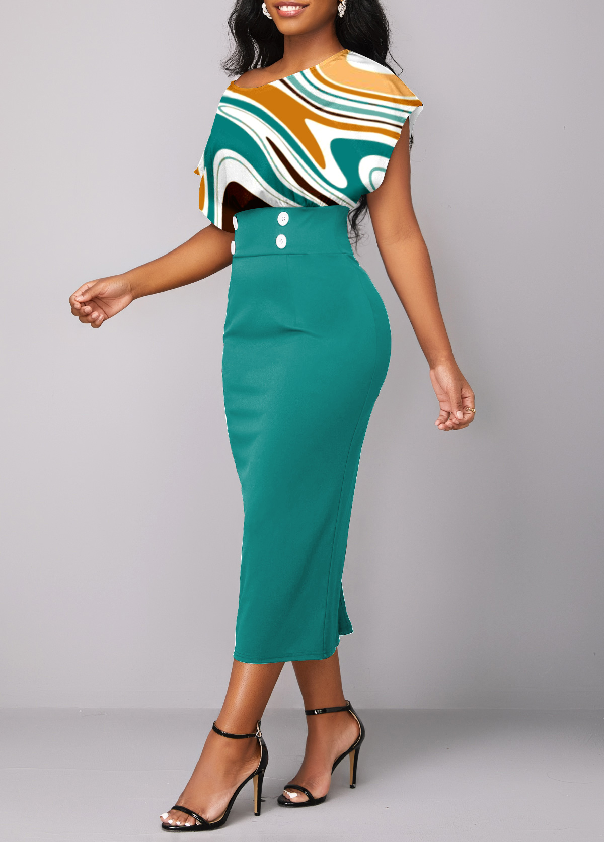 Turquoise Button Geometric Print Short Sleeve Bodycon Dress