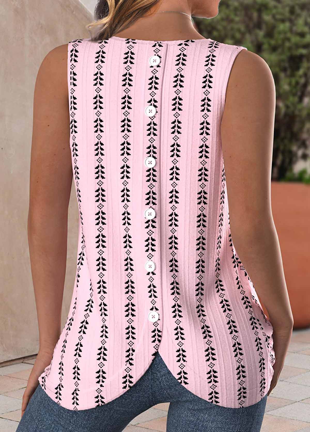 Pink Button Geometric Print Sleeveless Round Neck Tank Top