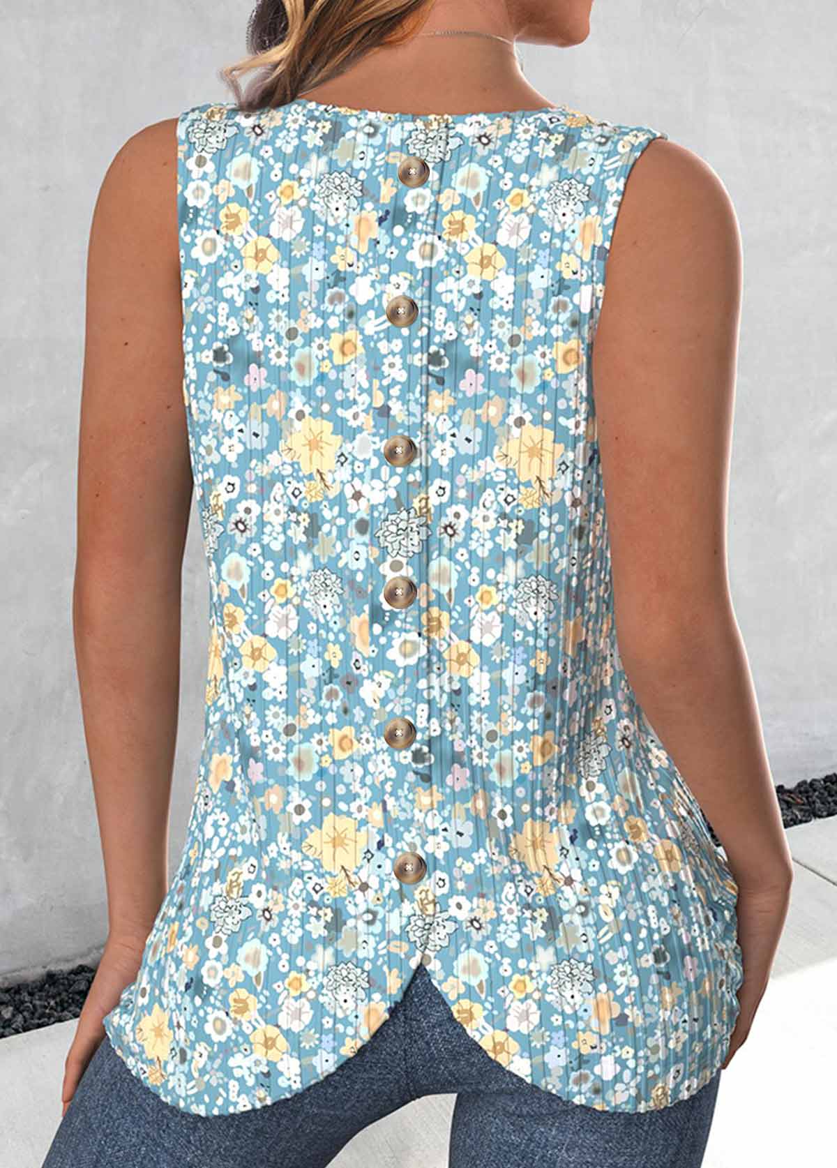 Mint Green Button Ditsy Floral Print Sleeveless Tank Top
