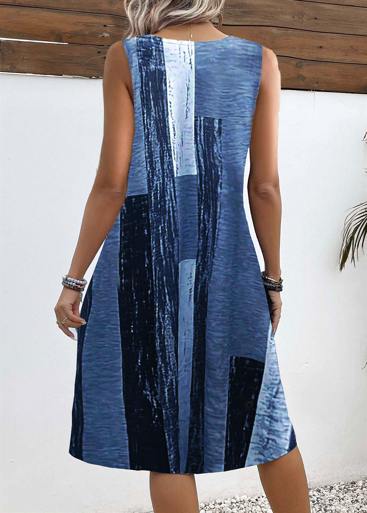 Denim Blue Circular Ring Graffiti Print A Line Dress | picture 