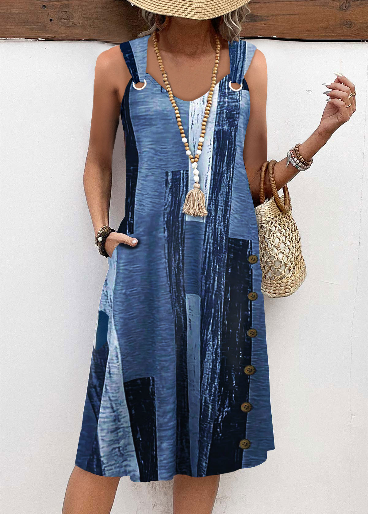 Denim Blue Circular Ring Graffiti Print A Line Dress | picture 