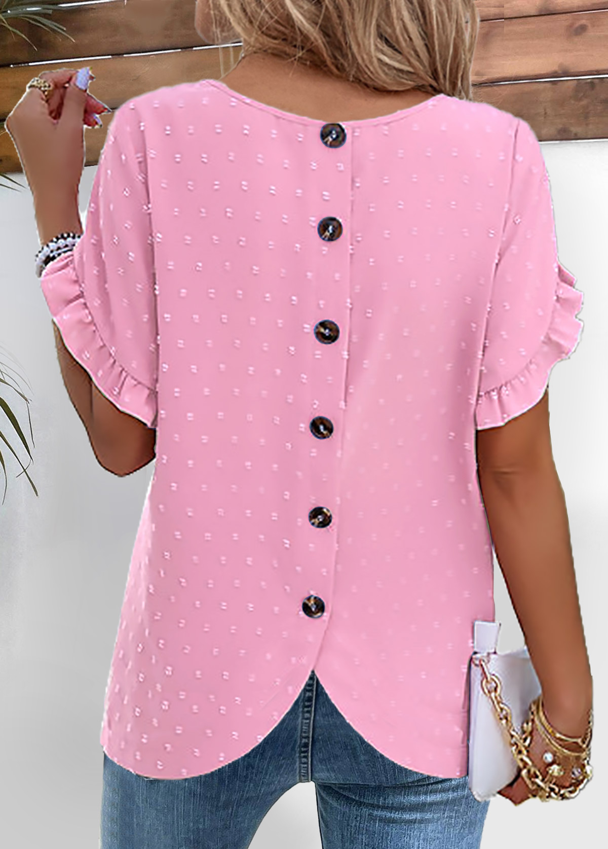 Pink Button Short Sleeve Round Neck Blouse | picture 