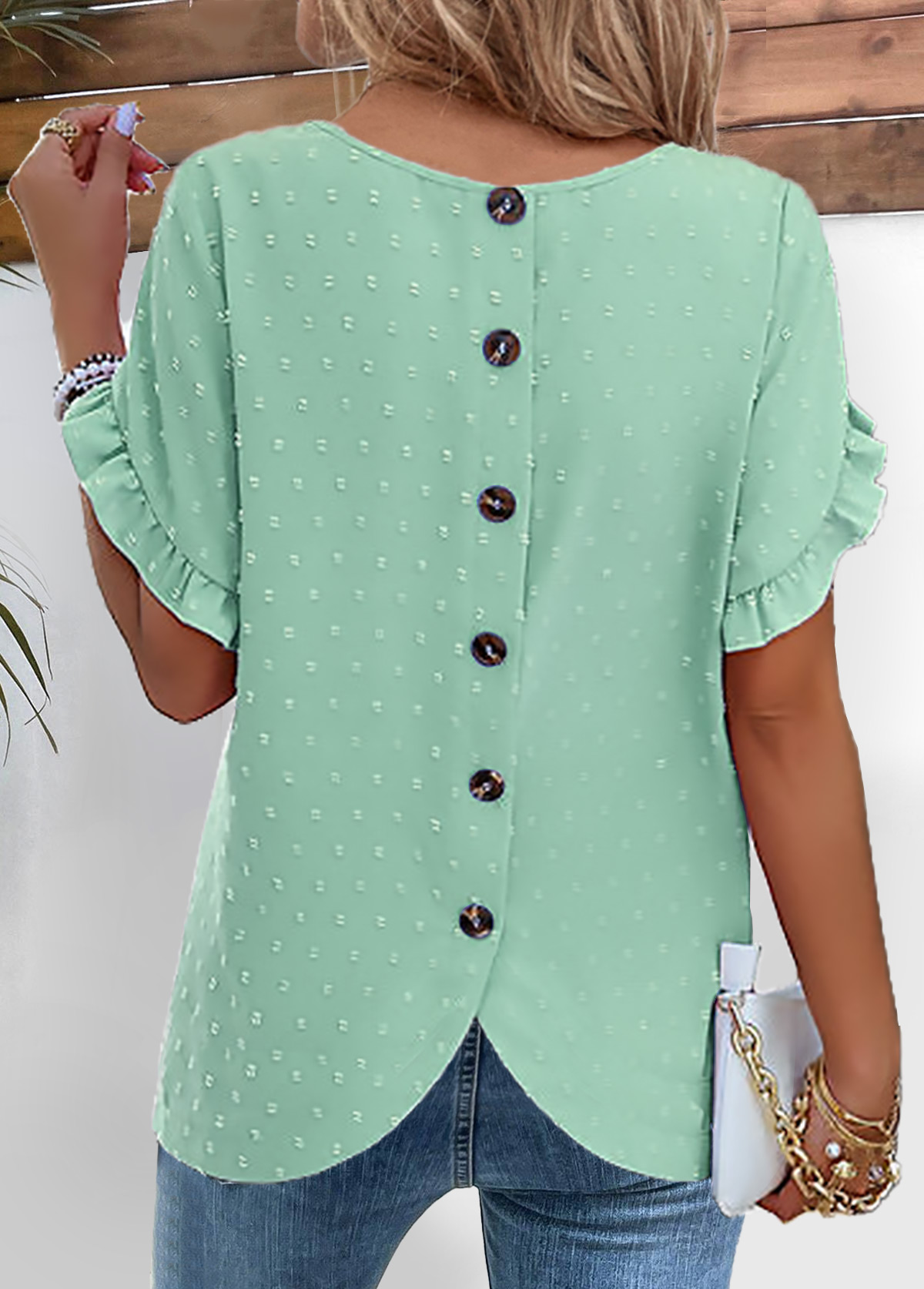 Light Green Button Short Sleeve Round Neck Blouse | picture 