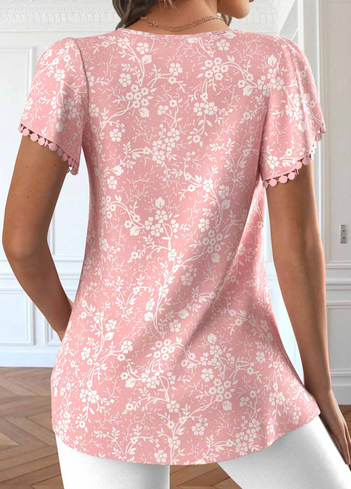 Light Pink Lace Ditsy Floral Print T Shirt
