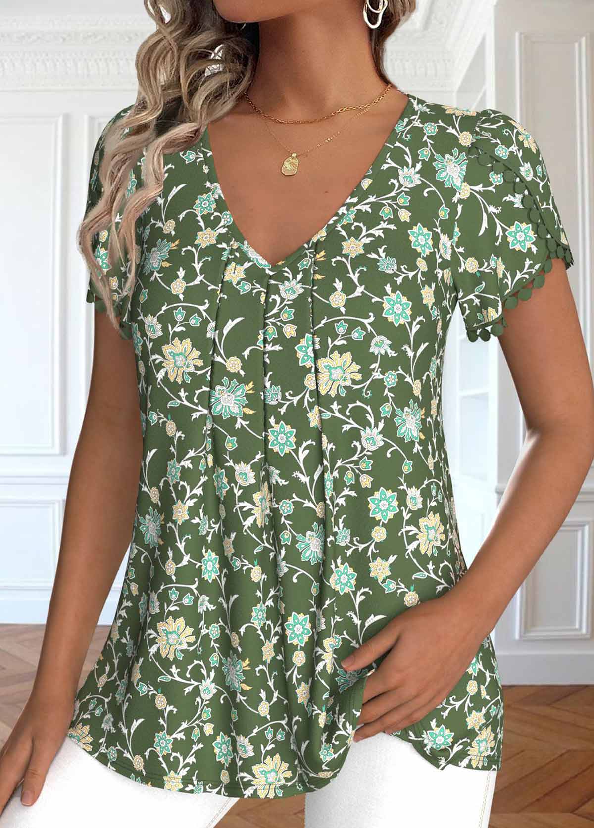 Olive Green Embroidery Ditsy Floral Print T Shirt