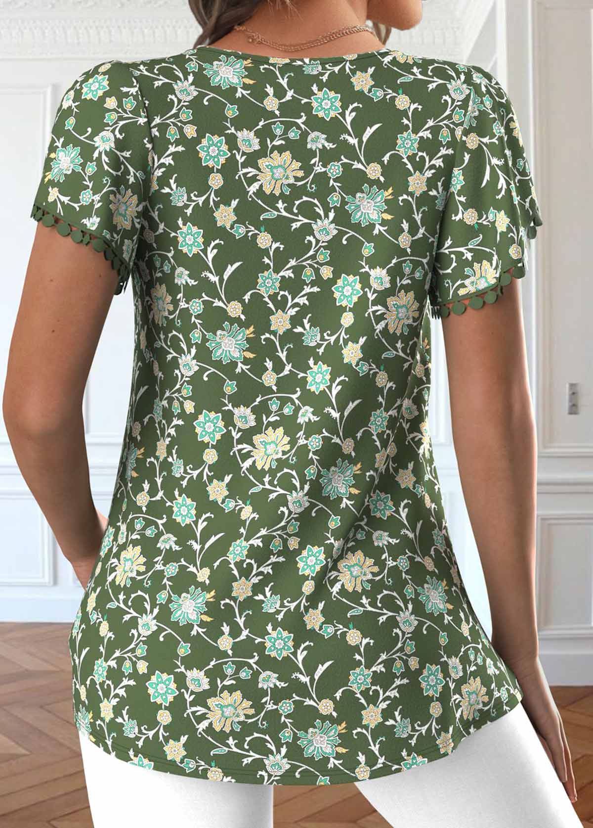 Olive Green Embroidery Ditsy Floral Print T Shirt