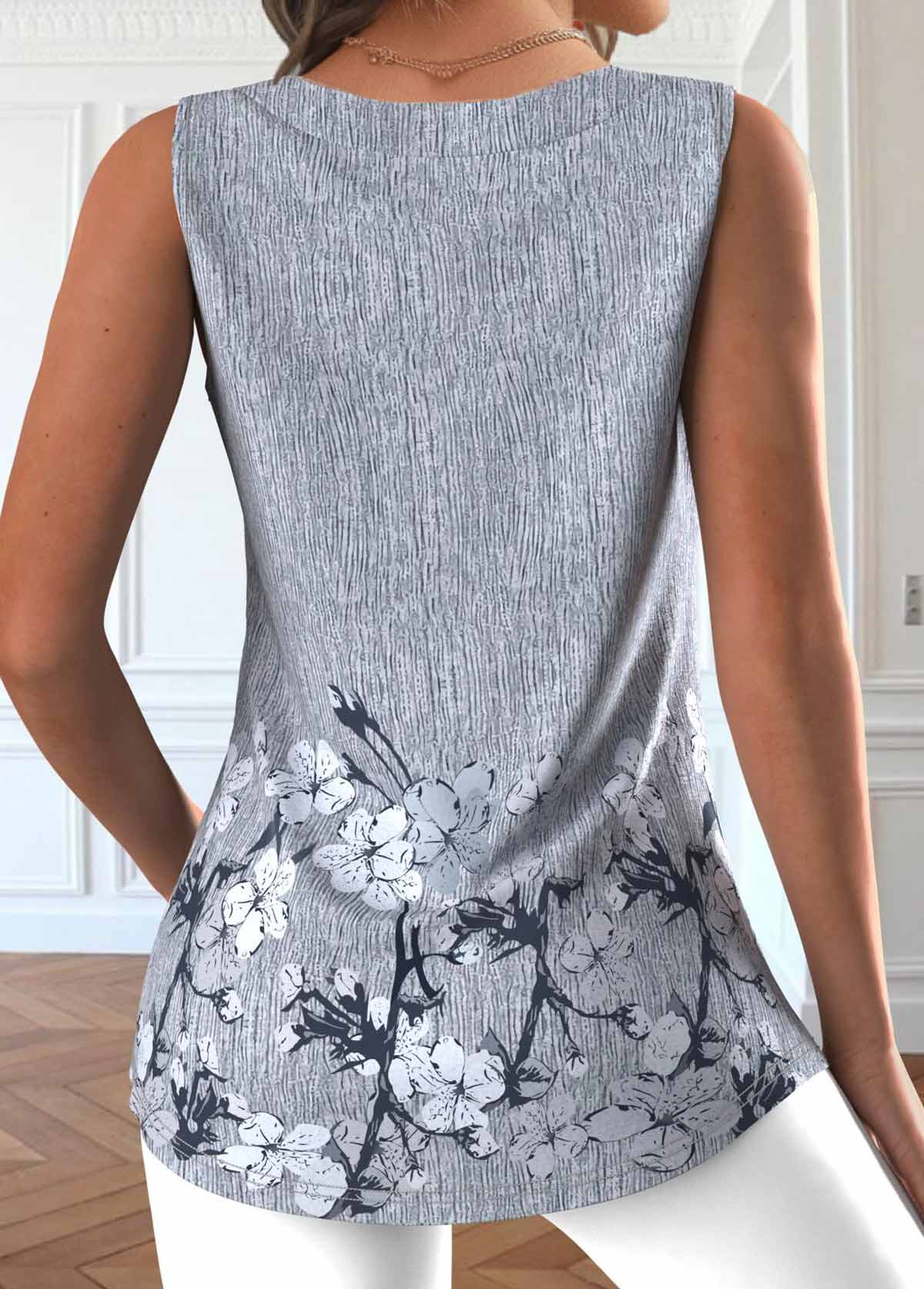 Light Grey Marl Button Floral Print Sleeveless Tank Top