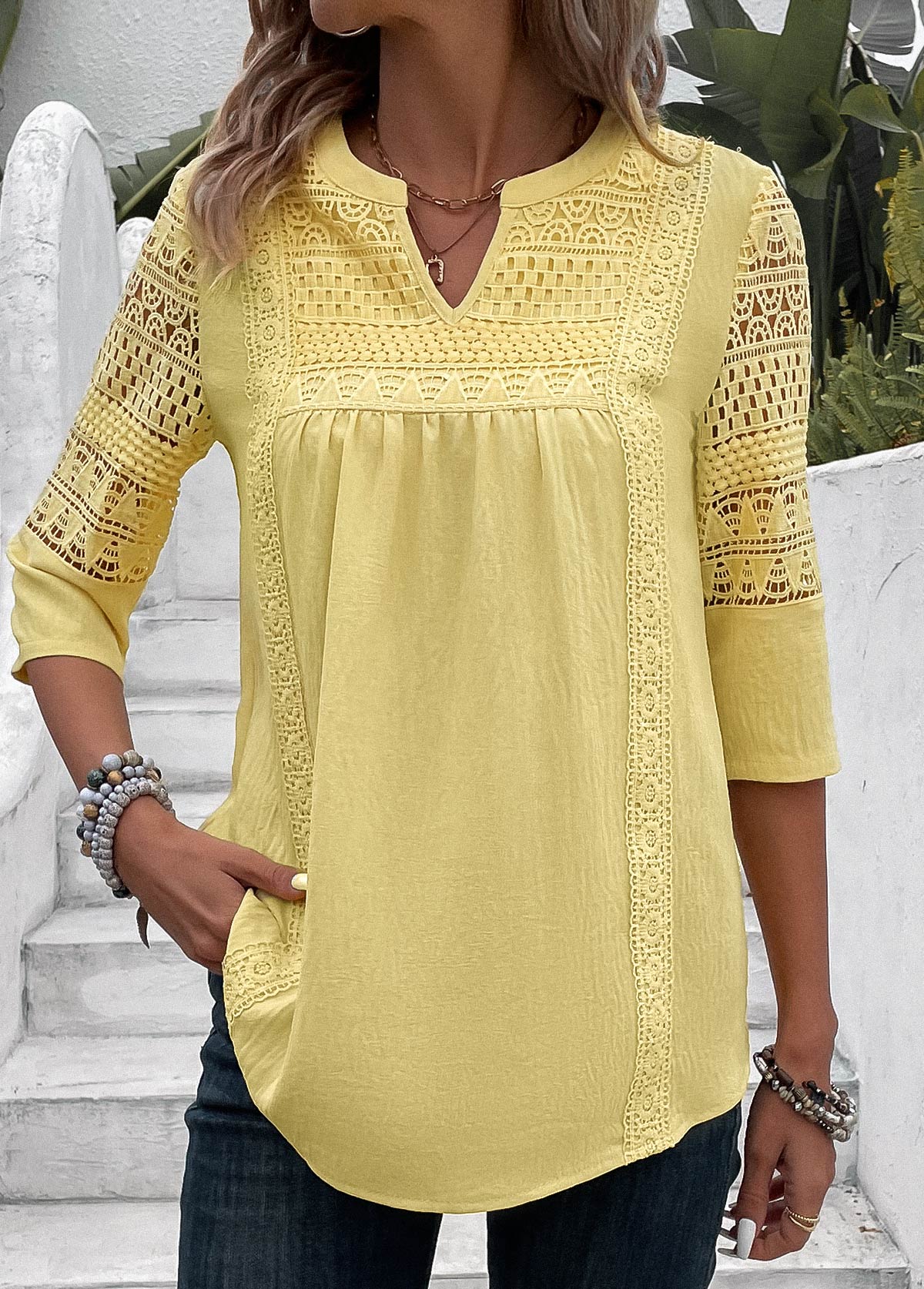 Plus Size Light Yellow Patchwork 3/4 Sleeve Blouse