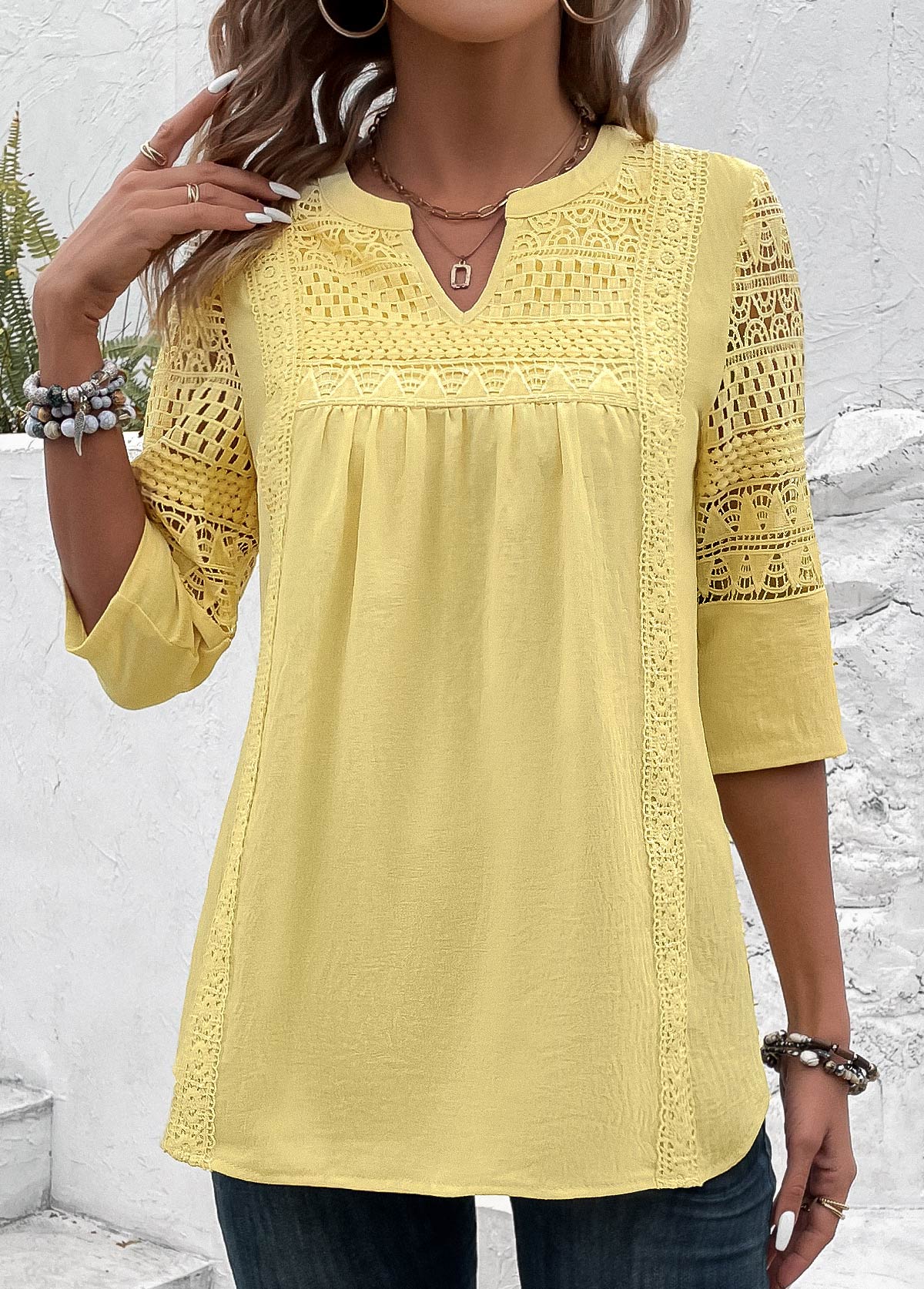 Plus Size Light Yellow Patchwork 3/4 Sleeve Blouse