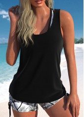 Layered Mid Waisted Floral Print Black Tankini Set | thumb picture 
