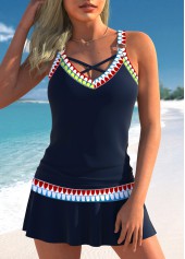 Circular Ring Low Waisted Tribal Print Navy Tankini Set