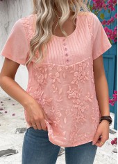 Light Pink Tuck Stitch Short Sleeve Round Neck Blouse | thumb picture 