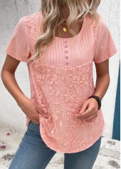 Light Pink Tuck Stitch Short Sleeve Round Neck Blouse | thumb picture 