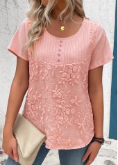 Light Pink Tuck Stitch Short Sleeve Round Neck Blouse | thumb picture 