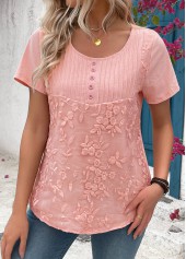 Light Pink Tuck Stitch Short Sleeve Round Neck Blouse