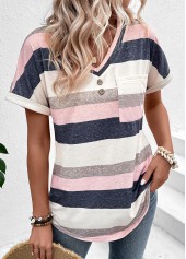 Multi Color Pocket Striped Short Sleeve T Shirt
