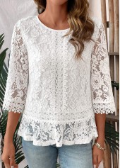 White Patchwork 3/4 Sleeve Round Neck T Shirt