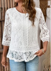 White Patchwork 3/4 Sleeve Round Neck T Shirt | thumb picture 