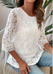 White Patchwork 3/4 Sleeve Round Neck T Shirt | thumb picture 