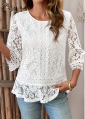 White Patchwork 3/4 Sleeve Round Neck T Shirt | thumb picture 