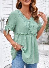 Sage Green Lace Short Sleeve V Neck Blouse