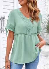 Sage Green Lace Short Sleeve V Neck Blouse | thumb picture 