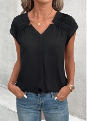 Black Patchwork Short Sleeve V Neck Blouse | thumb picture 