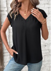 Black Patchwork Short Sleeve V Neck Blouse | thumb picture 