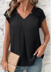 Black Patchwork Short Sleeve V Neck Blouse | thumb picture 