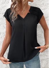 Black Patchwork Short Sleeve V Neck Blouse