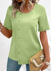 Light Green Button Short Sleeve Round Neck Blouse