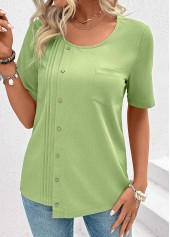 Light Green Button Short Sleeve Round Neck Blouse