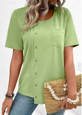 Light Green Button Short Sleeve Round Neck Blouse