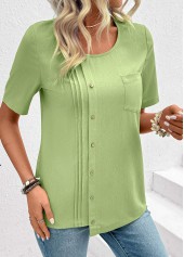 Light Green Button Short Sleeve Round Neck Blouse