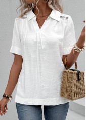 White Lace Short Sleeve Shirt Collar Blouse