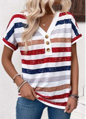 Multi Color Button Striped Short Sleeve T Shirt | thumb picture 