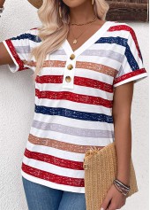 Multi Color Button Striped Short Sleeve T Shirt | thumb picture 