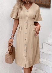 Light Camel Textured Fabric Short Sleeve V Neck Dress | thumb picture 